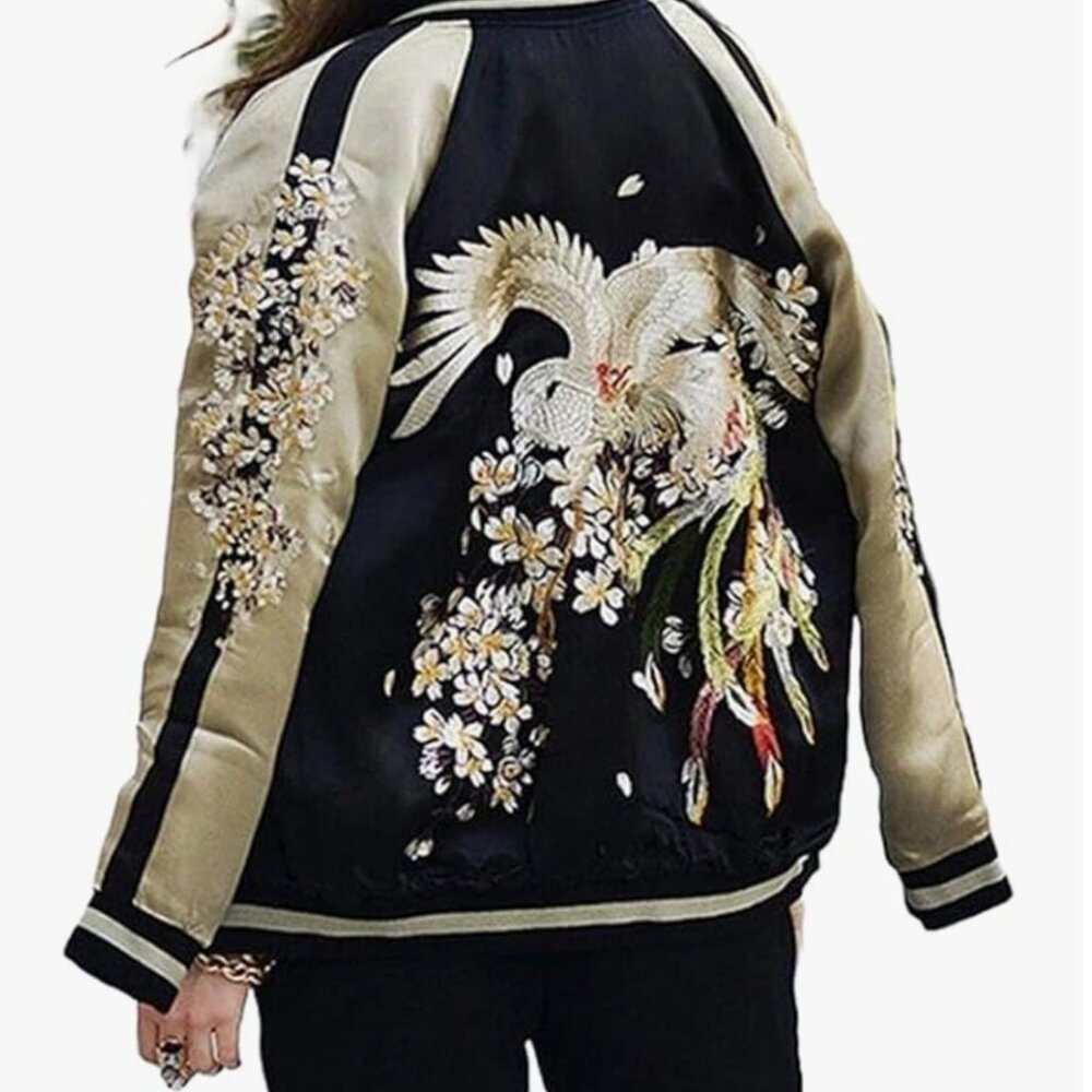 2000s Crane Embroidered Satin Bomber Jacket